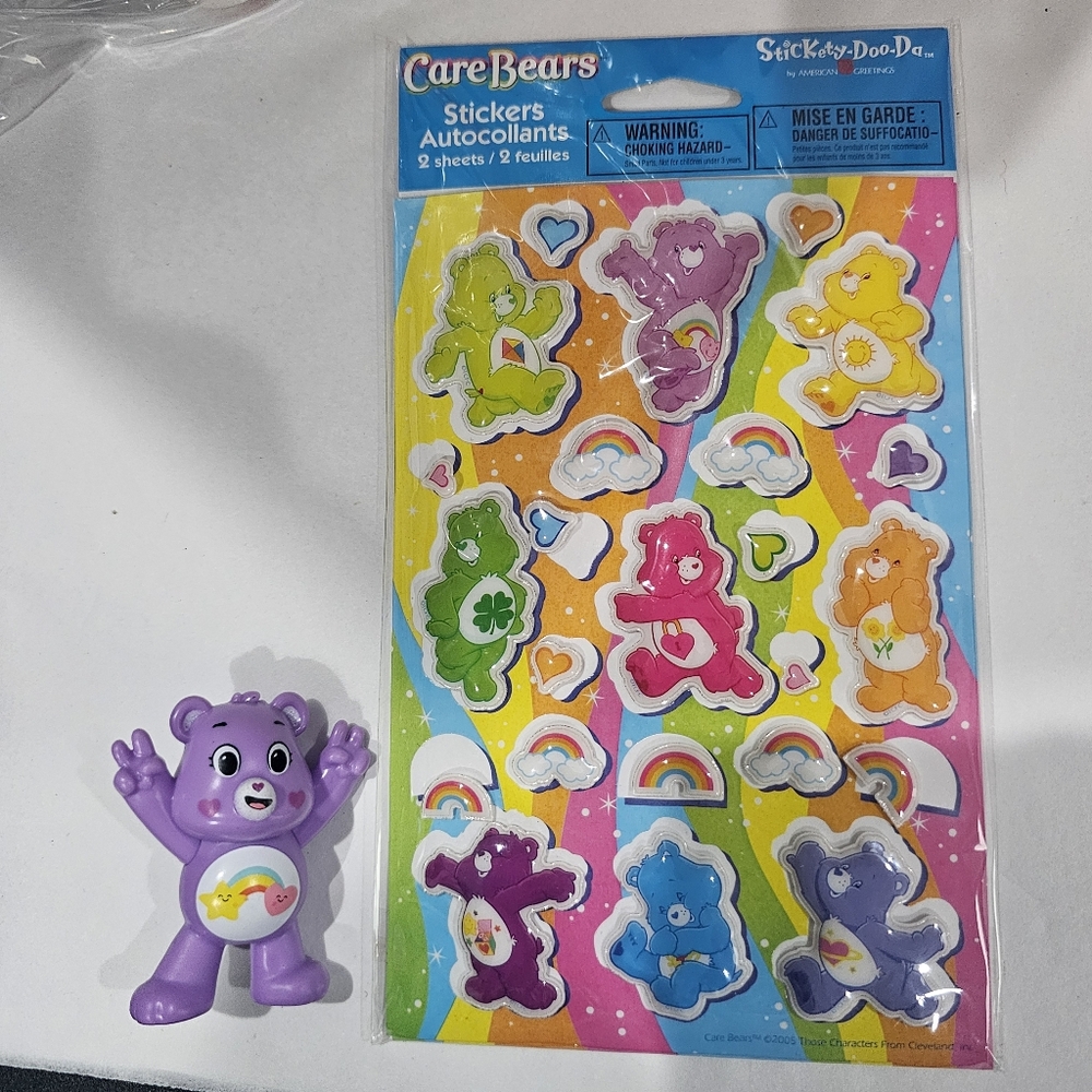 Care Bears Share Bear Mini Rainbow RARE 2 inch Figure & Vintage Stickers NIP